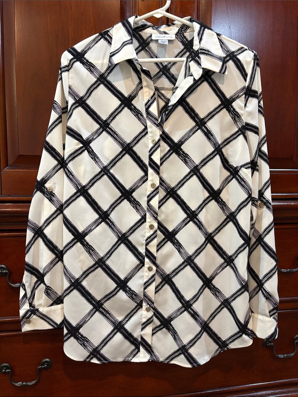 Button-Down Men's Cream Shirt with Black Windowpane Pattern